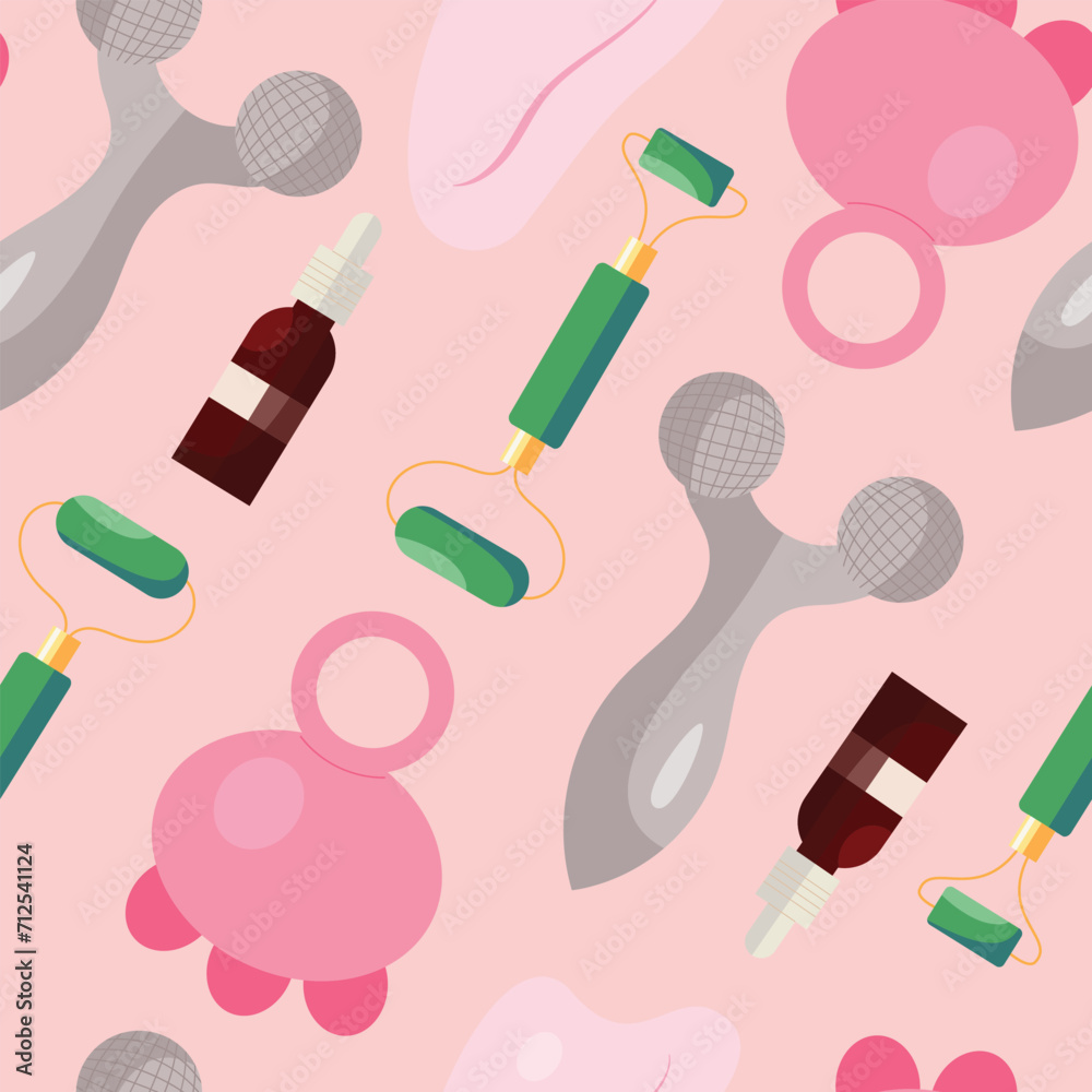 Vector seamless pattern with face and body massagers for skin lifting, blood circulation, anti aging tools. Hand drawn in flat design Vector seamless pattern with face and body massagers for skin lifting, blood circulation, anti aging tools. Hand drawn in flat design