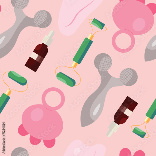 Vector seamless pattern with face and body massagers for skin lifting, blood circulation, anti aging tools. Hand drawn in flat design