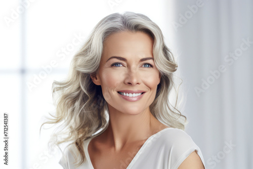 Graceful Aging: Happy Mature Caucasian Woman Radiating Joy and Positivity in Modern Lifestyle - Banner of Health, Beauty, and Elegant Aging