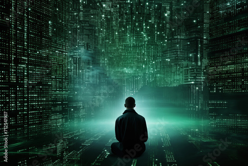 person accessing futuristic metavers worlds on matrix code background, humanity facing digital evolutionn and problems photo