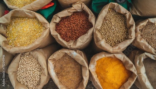 an assortment of assorted grains on display in paper bags photo
