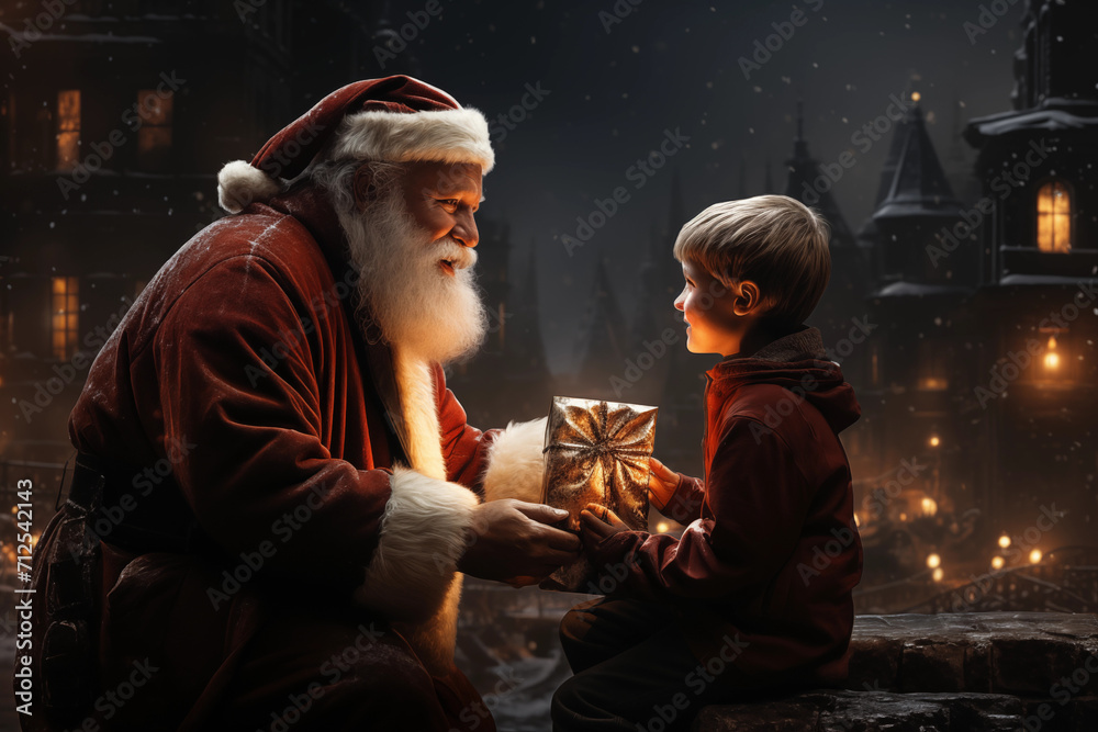santa claus offering christmas gift to poor child, slum in background