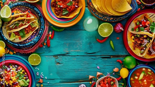 Fototapeta Naklejka Na Ścianę i Meble -  Mexican Fiesta: Tacos and Salsas Spread

