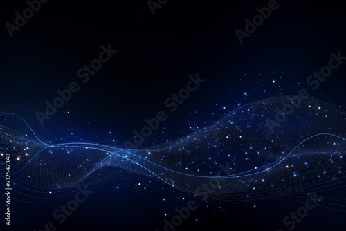 abstract dots blue waves on black background, digital ocean of datas in digital network