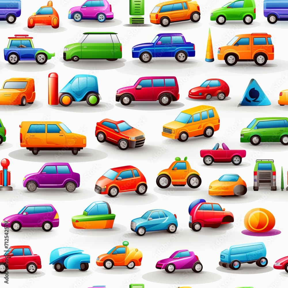 Fun and Vibrant Cars and Vehicles Cartoon Style Seamless Pattern for Kids Room Decoration