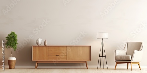 Modern living room with dresser and retro mirror on wall. © Sona