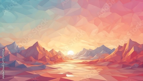 Sunrise in mountains, low poly style