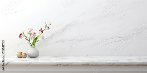 White marble background, suitable for photo montage or product display, with space for table placement and showcasing items. © Sona