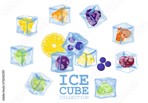 An illustration of the vector composition of fruit ice cubes isolated on white, frozen fruits for exotic summer cocktails. Juicy fruits in ice cubes. on a white background.
