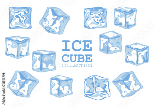 An illustration of the vector composition of ice cubes isolated on white, clean frozen water for exotic summer cocktails. Juicy fruits in ice cubes. on a white background.
