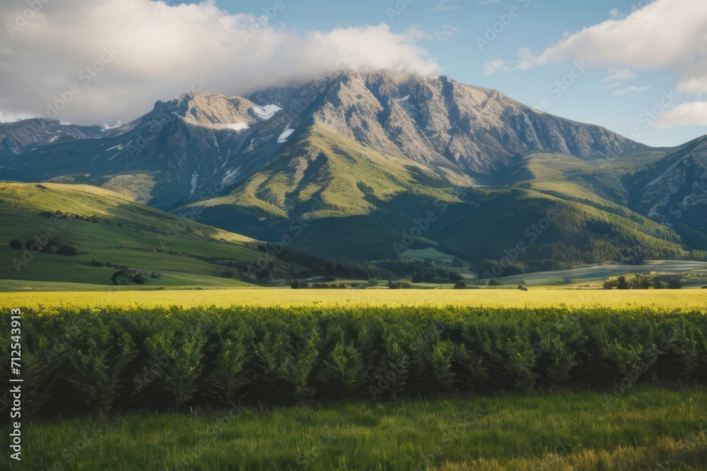 Fototapeta premium Floral Summer Mountain View with Green Meadows and Blue Sky