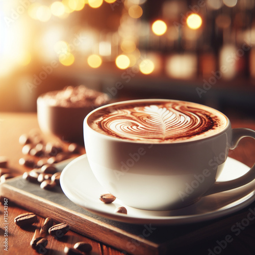 cup of coffee, cappuccino, mocha, latte, nice background, blurry background, cozy coffee shop, warm place.
 photo