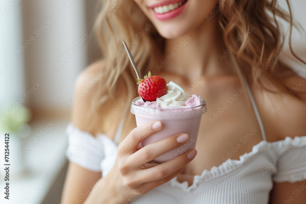 Young attractive woman eating tasty healthy yogurt at home.