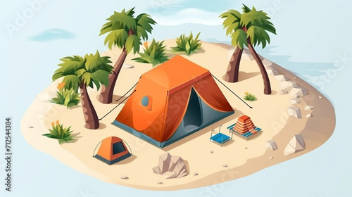 copy space, Illustration vector graphic of summer holiday concept, camping on the beach.Isometric style. Holiday summer theme. Travel destination in the tropics. Adventure with tent on the beach.