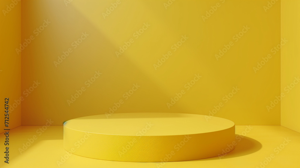 Podium for exhibit in the dark, Empty room interior design or yellow pedestal display on vivid background with blank stand. Blank stand for showing product. 3D rendering, Ai generated image Podium for exhibit in the dark, Empty room interior design or yellow pedestal display on vivid background with blank stand. Blank stand for showing product. 3D rendering, Ai generated image