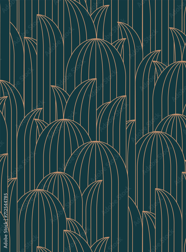 Art deco oval leafy geometrical seamless pattern drawing in dark turquoise palette.