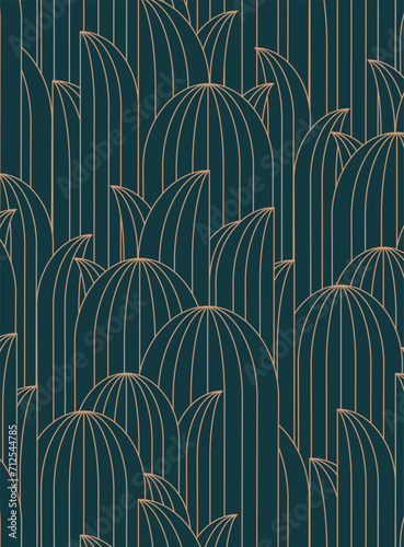 Obraz na płótnie Art deco oval leafy geometrical seamless pattern drawing in dark turquoise palette. w salonie