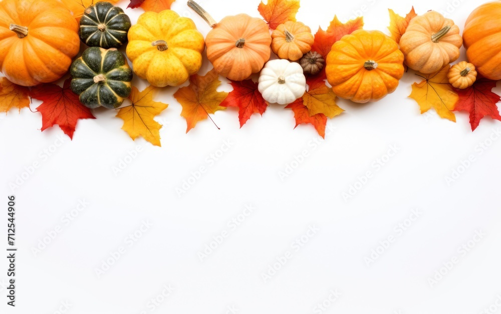 Various fresh ripe pumpkins with dry maple leaves isolated white background, top view photo with copy space