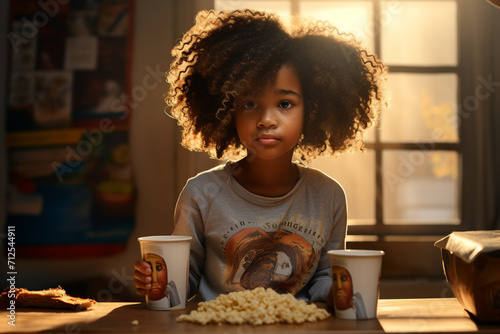 Young African American girl eating cereals in the morning 