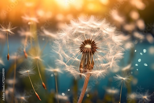 Sun-Kissed Dandelion Seeds Taking Flight in a Vibrant Sunset Backdrop. Generative AI