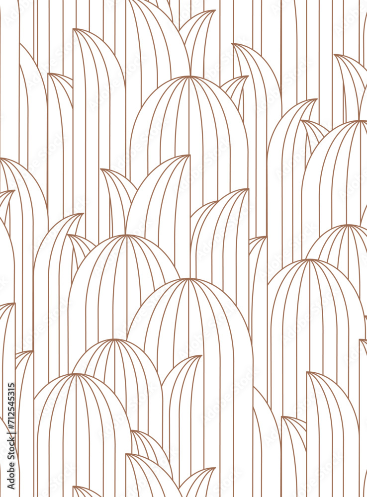 Art deco oval leafy geometrical seamless pattern drawing in light palette.