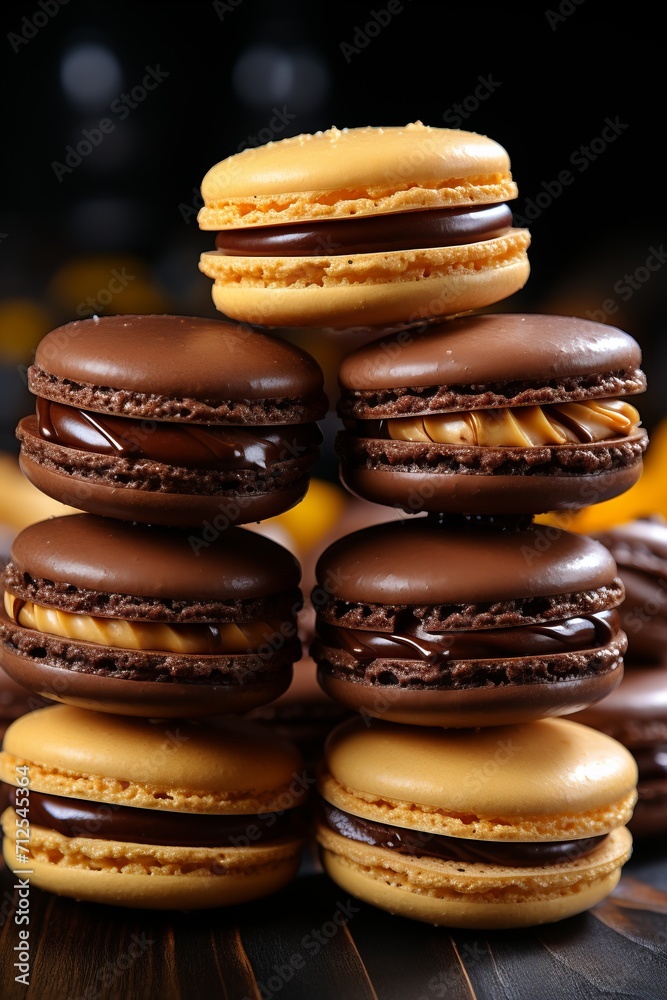 Dark Temptation. Stack of Chocolate Brown Macaroons, Closeup Shot, Perfect Dessert Indulgence. Vertically oriented