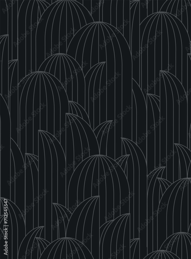 Art deco oval leafy geometrical seamless pattern drawing in dark palette.