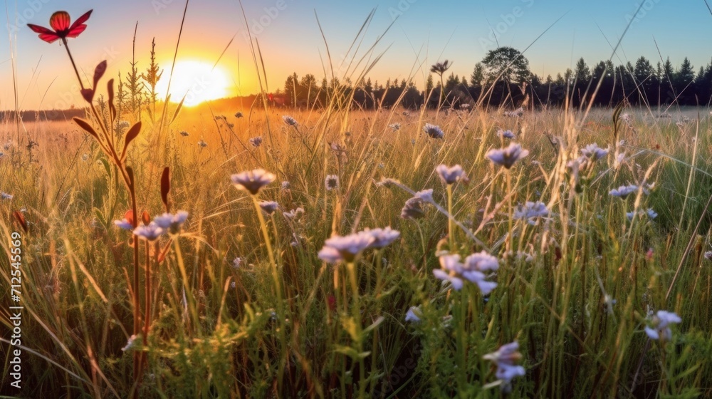 Fototapeta premium Golden Hour Splendor in a Lush Spring Meadow with Wildflowers and a Lone Butterfly. Generative AI