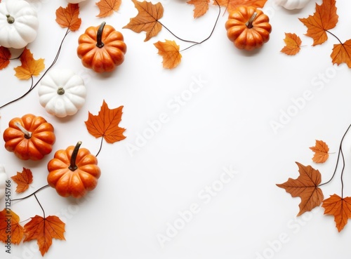 Various fresh ripe pumpkins with dry maple leaves isolated white background  top view photo with copy space