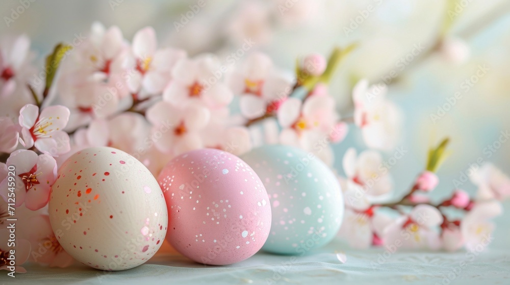 Easter eggs with cherry blossom branch on light background, closeup Easter eggs with cherry blossom branch on light background, closeup