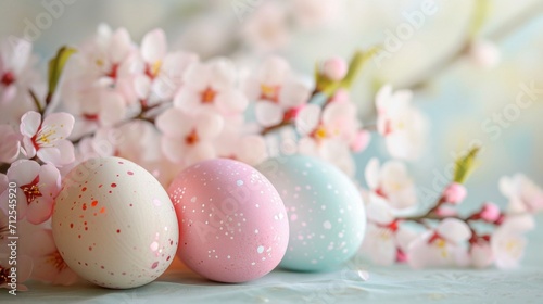 Easter eggs with cherry blossom branch on light background, closeup