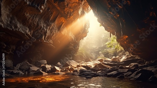 beautiful cave with a small lake and a ray of sun entering