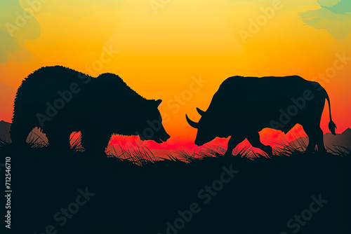 Silhouettes of a bull and bear at sunset. 