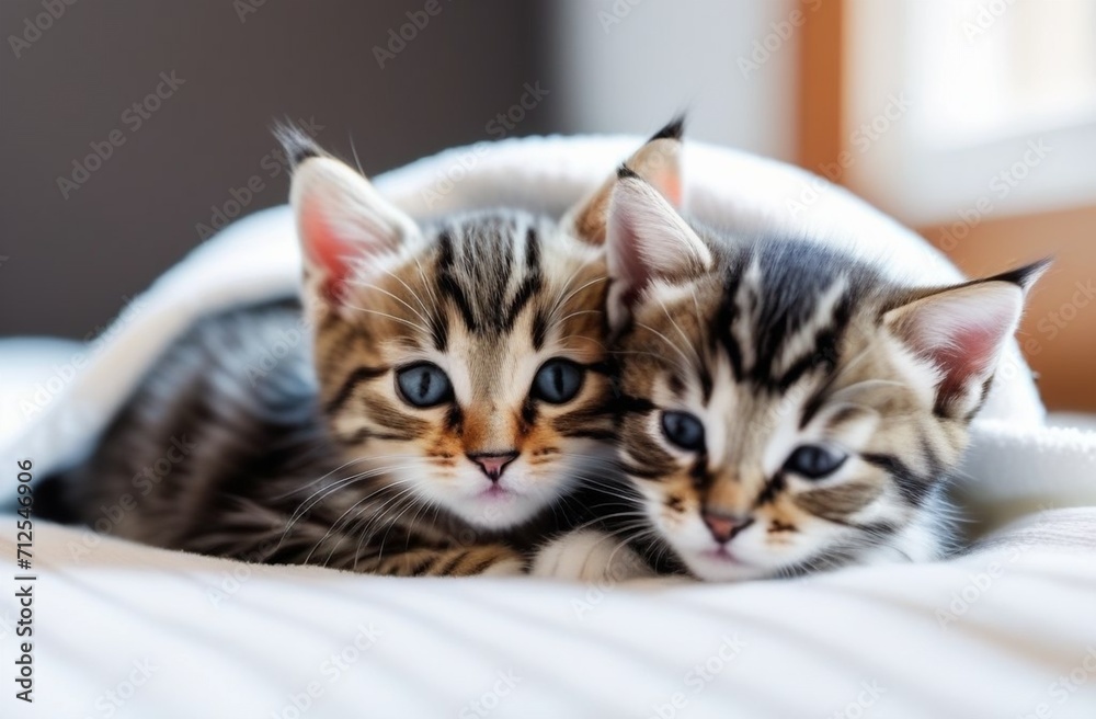Two small striped domestic kittens sleeping hugging each other at home. cute adorable pets cats. Two small striped domestic kittens sleeping hugging each other at home. cute adorable pets cats.