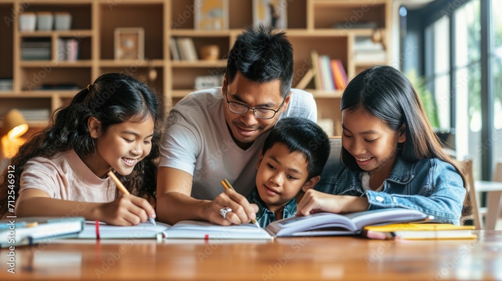 Asian father supports his children in doing homework. Mutual understanding in the family Asian father supports his children in doing homework. Mutual understanding in the family
