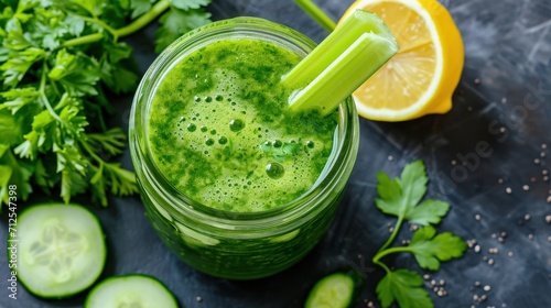 Green smoothie with celery, cucumber and parsley in a jar on a dark background