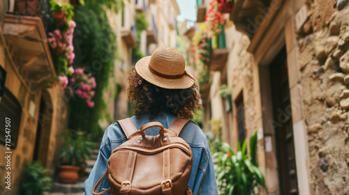 Woman Exploring Old European Cobblestone Street