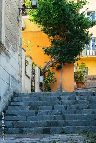 A narrow street in Croatia with stone steps and a tree among brightly colored houses