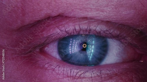 A scary and terrible human eye. The blue pupil is surrounded by veins and vessels. The eyeball of a nervous and frightened person. Wakes up from fainting or coma. photo