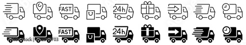 Delivery Truck icon set. Logistic trucking sign. Delivery flat and line icons. Editable vector. Vector illustration.