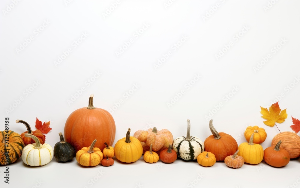 Various fresh ripe pumpkins isolated white background, top view photo with copy space Various fresh ripe pumpkins isolated white background, top view photo with copy space