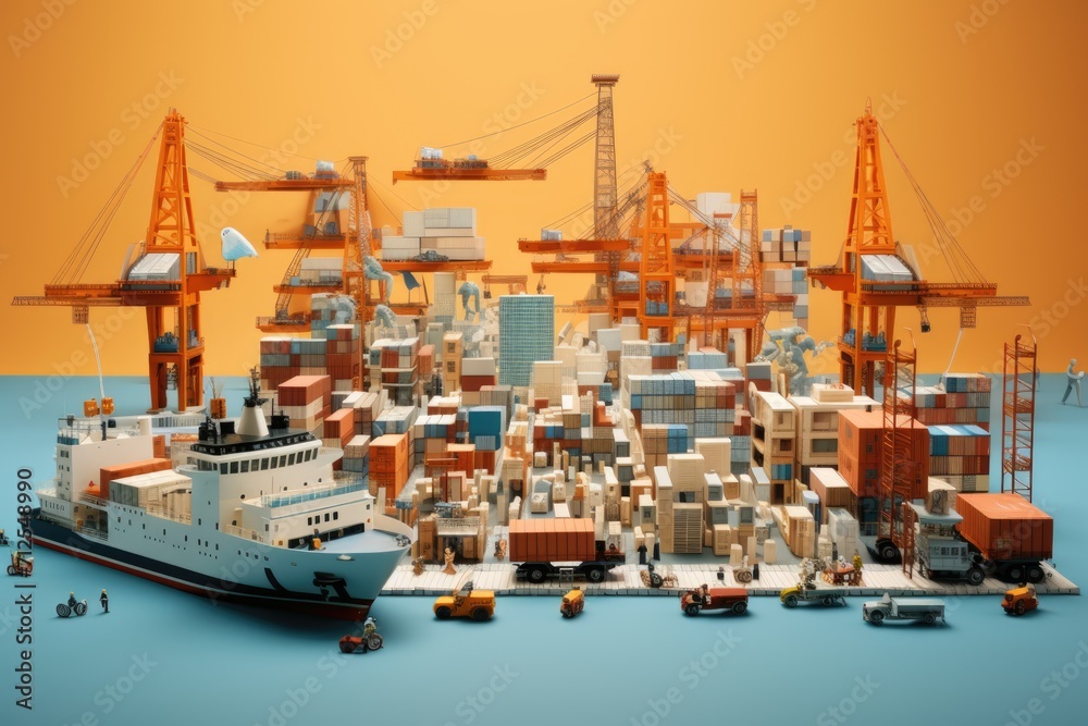 Supply chain. Miniature shipping port with cargo ship and cranes