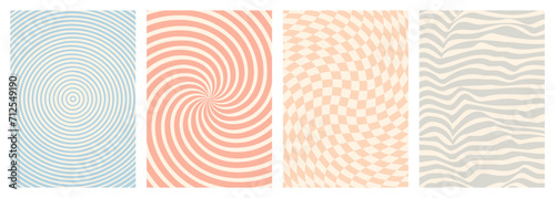 Twisted and distorted vector groovy hippie background. Waves, swirl, twirl pattern. Set of backgrounds in trendy retro psychedelic style. Vector illustration