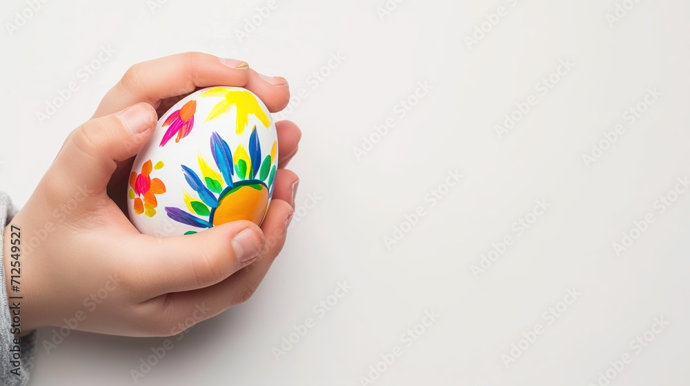 Both Kid hands holding one painting Easter eggs. Hand with egg isolated on white background. Easter holiday concept. Close up, selective focus Both Kid hands holding one painting Easter eggs. Hand with egg isolated on white background. Easter holiday concept. Close up, selective focus