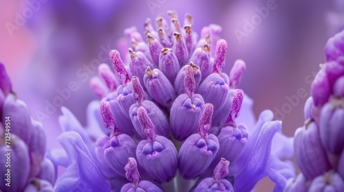  a close up of a purple flower with lots of stamen on it s petals and a blurry background.