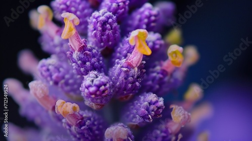  a close - up of a purple flower with tiny yellow flowers on the center of the center of the flower.