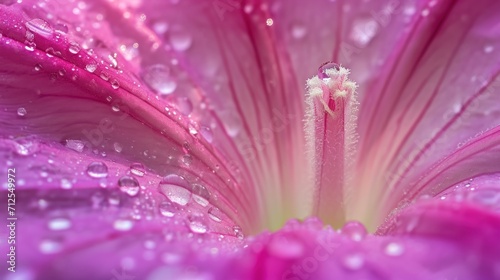 a close up view of a pink flower with water droplets on it s petals and the stamen of the stamen.