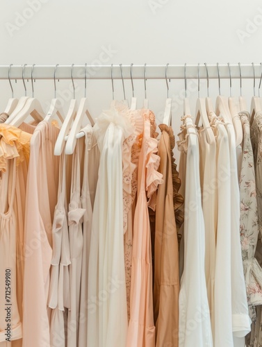 elegance of a fashion store with racks adorned in summer peach and white hues, featuring collection of natural clothes.