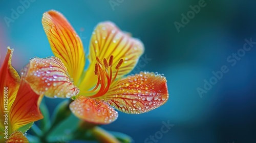  a close up of a flower with drops of water on it s petals and a blurry blue background.