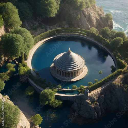 Giant ancient temple in a little island on the sea.